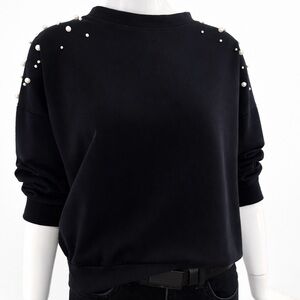 Italian Pearl Shoulder Sweater Black Crewneck Quiet Luxury Pullover